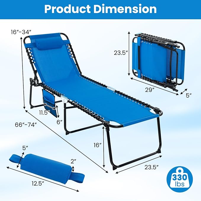 GYMAX Lounge Chairs for Outside, Extra High Folding Beach Tanning Lounger with Adjustable Backrest - Photo 3