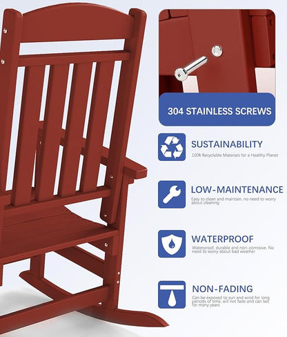 FOOWIN Outdoor Rocking Chair Set of 8, High Back Patio Rocking Chair, HDPE All Weather Resistant Porch Rocker for Adult, Oversized Rocking Chairs for Garden, Lawn, Indoor & Outdoor Use, Dark Red