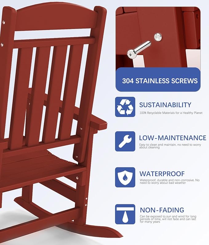 FOOWIN Outdoor Rocking Chair Set of 6, High Back Patio Rocking Chair, HDPE All Weather Resistant Porch Rocker for Adult, Oversized Rocking Chairs for Garden, Lawn, Indoor & Outdoor Use, Dark Red