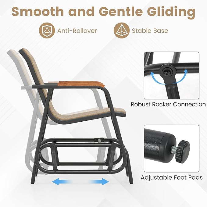 Giantex Outdoor Glider, Swing Rocking Chair with Breathable Fabric Seat, Curved Teak Wood Armrests and Metal Frame - Photo 4
