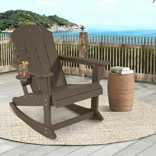 Outdoor Rocking Chairs Set of 4, HDPE Poly All-Weather Patio Rocking Chairs with Cup Holder for Adults, Porch Rocker for Deck Patio Balcony, 440lbs, Dark Brown