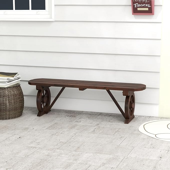 Giantex 2-Person Wooden Outdoor Bench with Wagon Wheel Legs, Slatted Seat, Rustic Country Design, 710 Lbs Weight Capacity, Patio Bench for Porch, Lawn, Backyard, Park, Garden, Brown (47”)