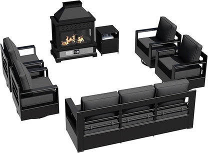 Outdoor Aluminum Furniture Set, 5-Piece Patio Conversation Set, 4 Swivel Chairs, 1 Sofa and 1 Fireplace, All-Weather Metal Frame, 6" Thick Removable Cushions, Deep Setting for Garden, Porch