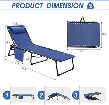 Flamaker Foldable Chaise Lounge Chair 5-Position Adjustable, Tanning Chair with Side Pocket, Outdoor Sunbathing for Pool, Beach, Patio, Lawn, Indoor Recliner Chair for Napping(Blue, 1 Pcs)