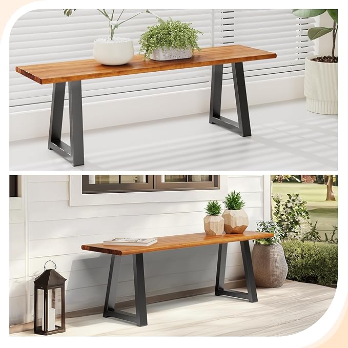VINGLI Outdoor Bench with Metal Legs Rustic, Wood Dining Bench Indoor Outdoor Porch Bench for Yard Garden Dining (57in)