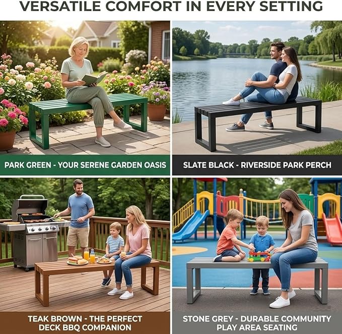 Backless Outdoor Bench, 3.3ft 3.9ft 4.9ft 5.9ft Metal Garden Bench, 880lbs Weatherproof Patio Dining Benches, 2-Person Slatted Seat for Park Porch Yard Deck Lawn(White,3.3ft)