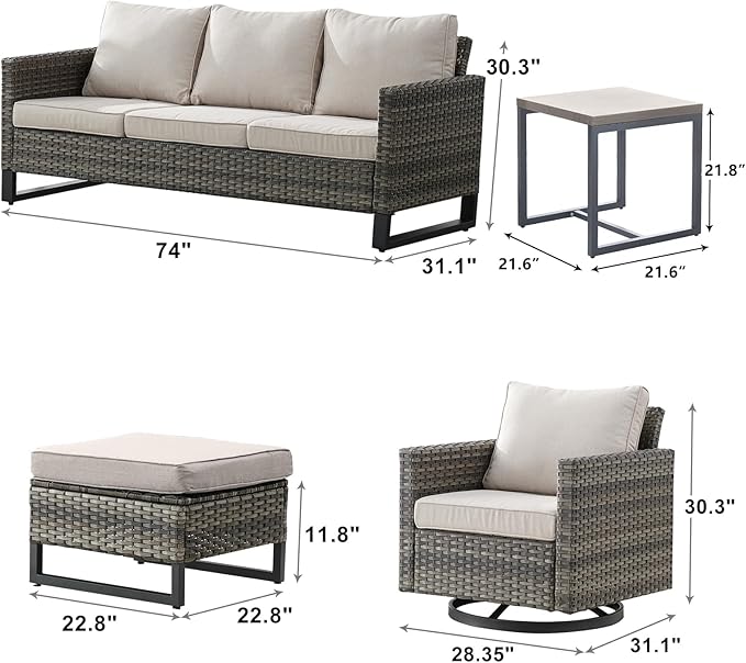 Wicker Outdoor Patio Furniture Set - 6 Piece Patio Conversation Set with 2 Swivel Rocker Chairs,2 Rattan Ottoman,1 Couch and 1 Metal Side Table for Outside Porch Deck Backyard(Mixed Grey/Beige)