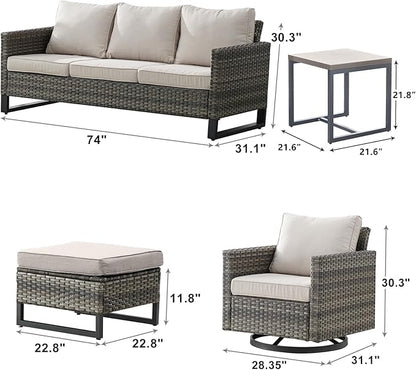 Wicker Outdoor Patio Furniture Set - 6 Piece Patio Conversation Set with 2 Swivel Rocker Chairs,2 Rattan Ottoman,1 Couch and 1 Metal Side Table for Outside Porch Deck Backyard(Mixed Grey/Beige)