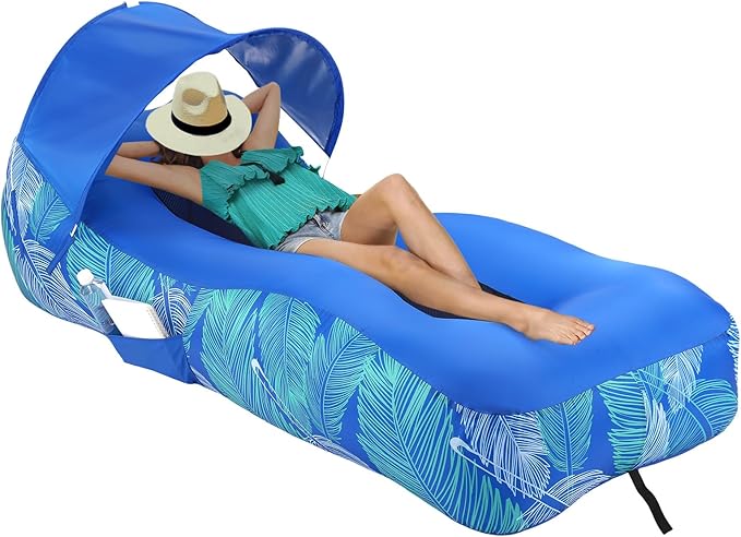 Inflatable Lounger Beach Chair with Sun-Shade Design, Waterproof Inflatable Couch Blow Up Beach Lounger - Photo 1
