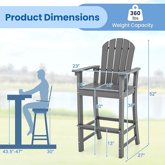 Tangkula Outdoor Tall Adirondack Chair 30 Inches Seat Height, HDPE Bar Height Patio Chair with High Backrest - Photo 3