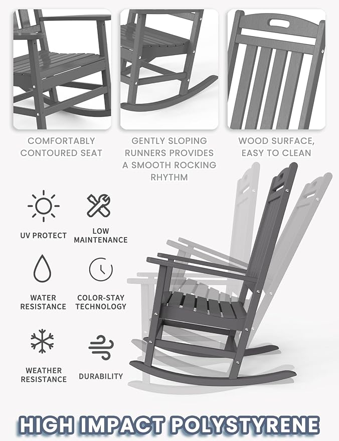Outdoor Rocking Chair Set of 2, High Back HDPE Patio Chair, All Weather Porch Rocker, Lawn Chair for Deck, Porch, Backyard, Garden, Gray