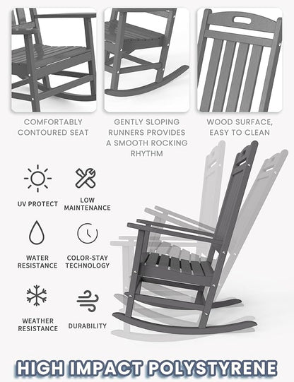 Outdoor Rocking Chair Set of 2, High Back HDPE Patio Chair, All Weather Porch Rocker, Lawn Chair for Deck, Porch, Backyard, Garden, Gray