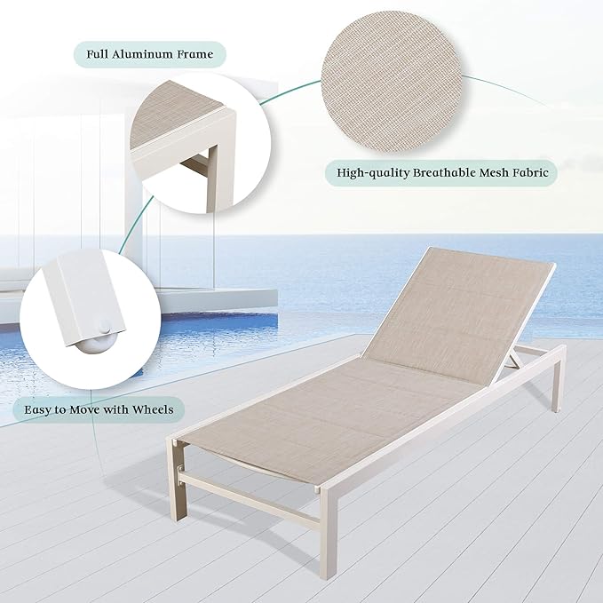 2 Pieces Patio Aluminum Chaise Lounge Chairs Quick Dry Foam Padded Reclining Chairs with 5-Position Adjustable Backrest,Beige,NPT-580043D-T