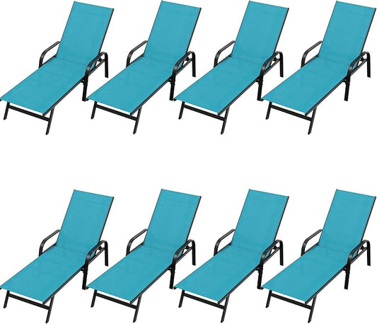 Outdoor Lounge Chair, Adjustable Patio Reclining Chaise with Textilene Fabric, Pool Lounge Chair with 5-Position Backrest for Patio, Garden, Poolside & Balcony,Sky Blue Set of8
