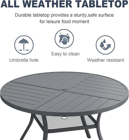 VICLLAX 47.2" Round Patio Dining Table for 4-6, All Weather Metal Outdoor Table with 1.57" Umbrella Hole and Storage Shelf for Garden Lawn Deck, Dark Grey