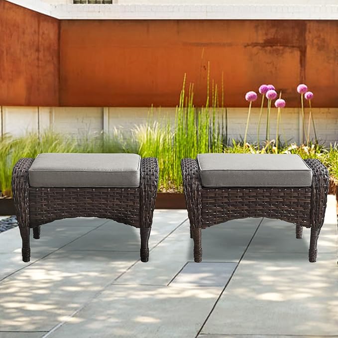 Belord Outdoor Ottomans for Patio Foot Rest - 25 Inch PE Wicker Foot Stool Set of 2 with Removable Cushions for Patio Furniture Sets,All Weather Rattan Ottoman for Balcony Deck Brown