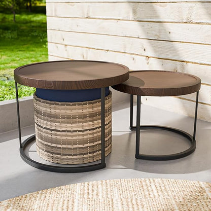 EAGLE PEAK Sunset Dune Collection Round Modern Nesting Coffee Tables, Wood Grain Top Stacking Accent Tables, Matching Ottoman, Indoor Outdoor, Set of 3, Blue