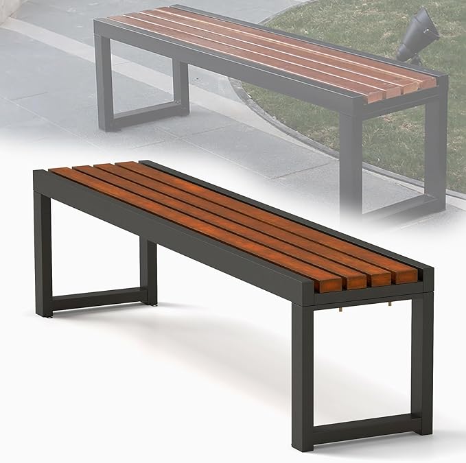 Outdoor Garden Bench with Wooden Seat & Iron Frame, All-Weather Outside Benches Heavy Duty Patio Bench for Lawn Porch Yard Park, 880lb Capacity 15.4×17.7in (WxH) Easy Assembly 70.86x15.4x17.7IN