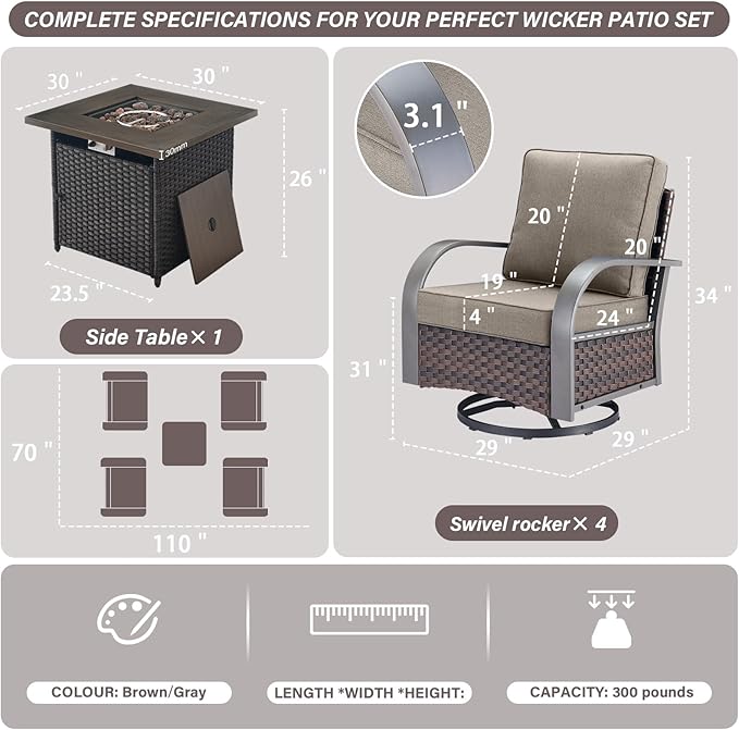Belord 5 Pieces Patio Furniture Set with Fire Pit Table - 4 Outdoor Swivel Rocker Chairs with 50000 BTU Propane Fire - Photo 3