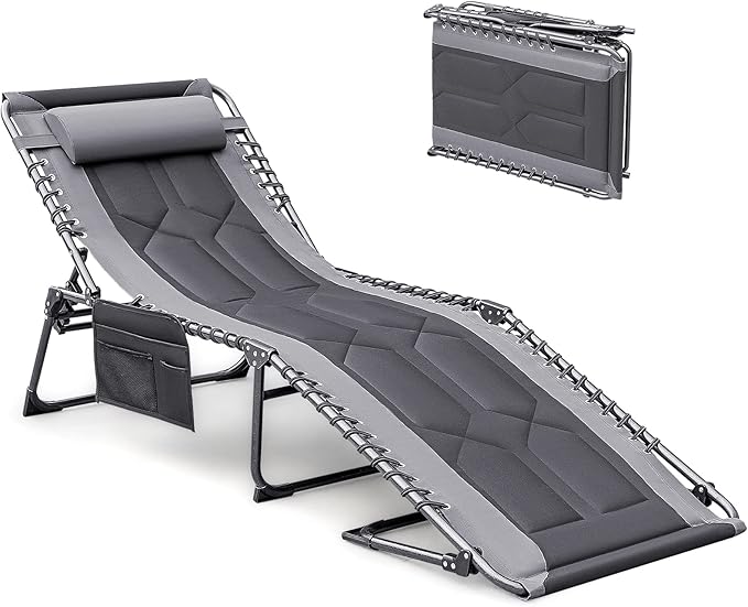 Devoko 4-Fold Padded Portable Folding Outdoor Chaise Lounge Heavy Duty Reclining Chair with Pillow & Side Pocket for - Photo 1
