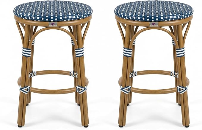 PURPLE LEAF French Patio Round 26" Counter Stool Set of 2 Large Handwoven Wicker Rattan Seat Armless Barstools with - Photo 1