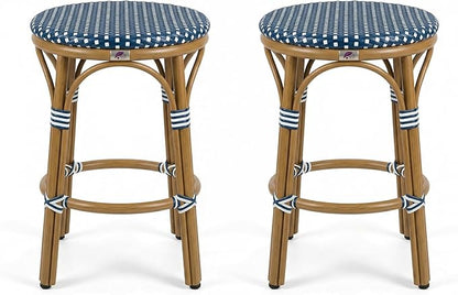 PURPLE LEAF French Patio Round 26" Counter Stool Set of 2 Large Handwoven Wicker Rattan Seat Armless Barstools with Bamboo Finish Aluminum Frame for Outdoor Deck Garden Pool Deep Blue