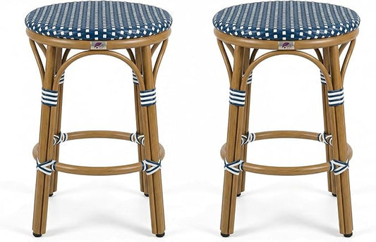PURPLE LEAF French Patio Round 26" Counter Stool Set of 2 Large Handwoven Wicker Rattan Seat Armless Barstools with Bamboo Finish Aluminum Frame for Outdoor Deck Garden Pool Deep Blue