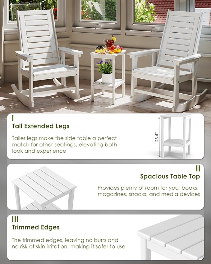 GREENVINES Tall-Outdoor-Side-Table | 23.5" | HDPE Plastic | Patio Adirondack End Tables | All Weather | 2-Tier | White | for Porch Garden Indoor & Rocking Chairs
