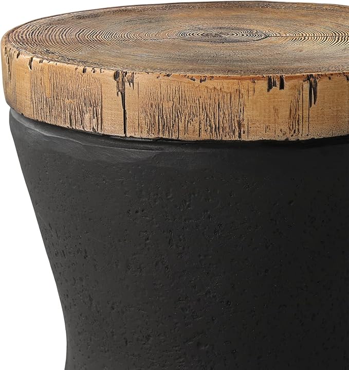 COSIEST Outdoor End Table, Drum Side Table Faux-Wood Top, Black Base with Tree Trunk Slice Hand Painted, Accent Stool, Plant Stand (Hourglass)