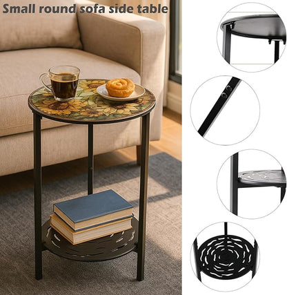 2-Tier Metal Round Side Table Black Accent Coffee Tables Small Space Corner Plant Stand Shelf for Indoor Outdoor Use Patio Balcony End Table Flower Print Weather-Resistant