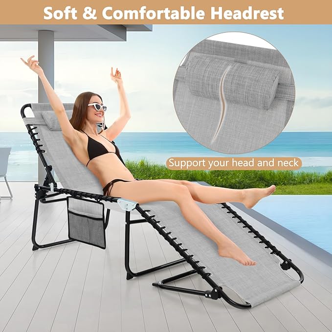 Giantex Patio Lounge Chairs for Outside - Set of 2 Folding Tanning Chair w/Headrest, 4 Adjustable Positions, Side Pocket - Photo 5