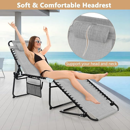 Giantex Patio Lounge Chairs for Outside - Set of 2 Folding Tanning Chair w/Headrest, 4 Adjustable Positions, Side Pocket, Outdoor Chaise Lounge for Camping, Pool, Sunbathing Beach Chair, Grey