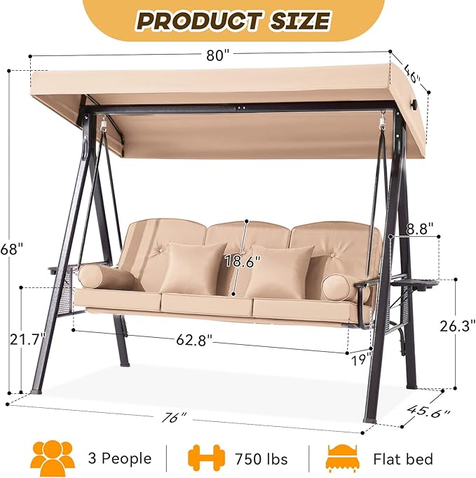 3 in 1 Outdoor Porch Swing with Adjustable Canopy, 3 Seat Outdoor Swing for Adults - Photo 8