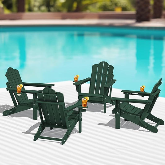 KINGYES Folding Adjustable Adirondack Chairs Set of 4, HDPE All Weather Use Reclining Adirondack Chair, Outdoor Adirondack Chair- Green