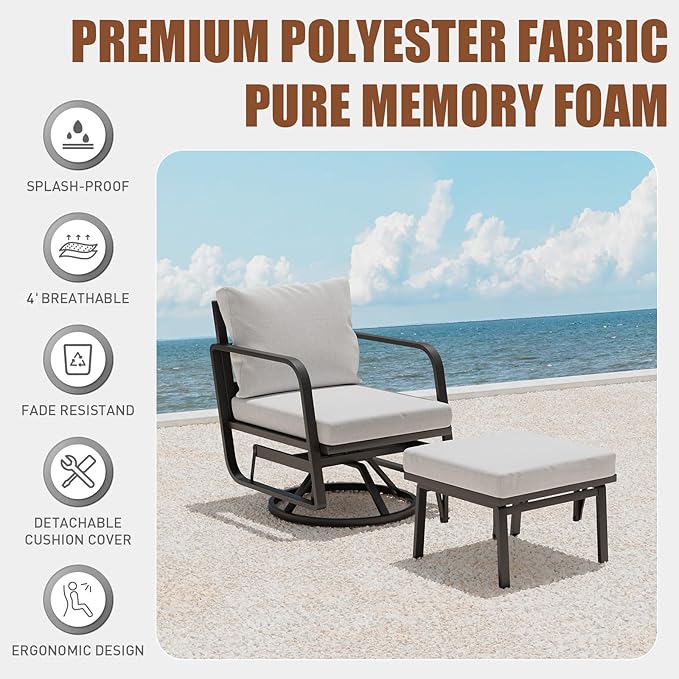 Patio Glider Swivel Rocker Sets: 4Pieces Aluminum Alloy Ensemble with 360° Swivel Rocking Glider Chairs, Rust-Resistant Frame Gray Cushions -Perfect for Decoration (2 Glider Chairs& 2Ottomans)