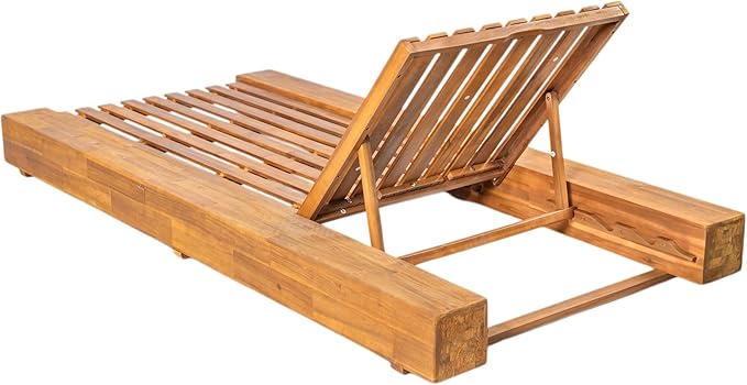 Merax Outdoor Acacia Wood Chaise Lounge Frame Only - Patio Recliner Chair with Adjustable Backrest and Flat Storage Surface (Cushion Not Included)