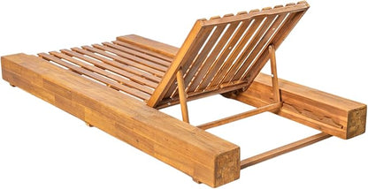 Merax Outdoor Acacia Wood Chaise Lounge Frame Only - Patio Recliner Chair with Adjustable Backrest and Flat Storage Surface (Cushion Not Included)