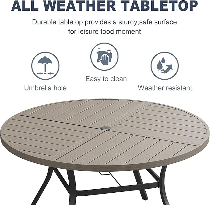 VICLLAX 53" Round Patio Dining Table for 6-8, All Weather Metal Outdoor Table with 1.57" Umbrella Hole and Surdy Frame for Garden Lawn Deck, Grey