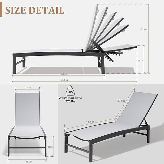 Patio Aluminum Chaise Lounge Chair, Set of 2 Outdoor Recliner Lounge Chair Sun Loungers, All Weather Chaise with 5 Adjustable Backrest and Lay Flat Positions for Garden, Balcony, Pool