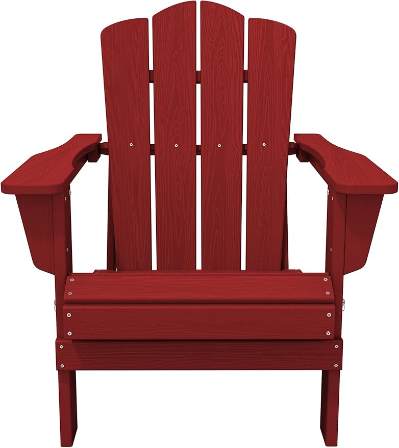 KINGYES Folding Adirondack Chair, HDPE All-Weather Patio Chairs, Wooden Textured Lawn Chair for Poolside, Backyard, Deck, Fire Pit, Red