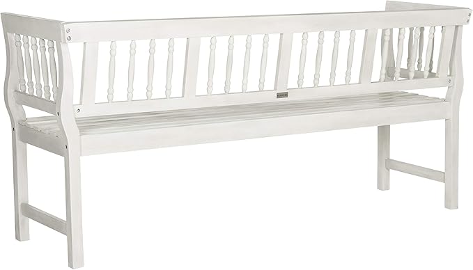 SAFAVIEH Outdoor Patio Furniture Collection – Brentwood Antique White Distressed Acacia Wood Bench with Silver Accents, Classic Outdoor Seating for Porch or Garden (PAT6732C)