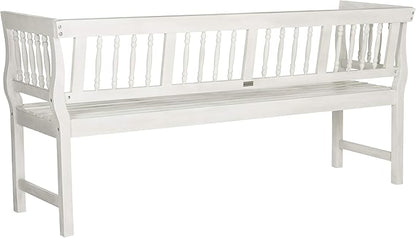 SAFAVIEH Outdoor Patio Furniture Collection – Brentwood Antique White Distressed Acacia Wood Bench with Silver Accents, Classic Outdoor Seating for Porch or Garden (PAT6732C)