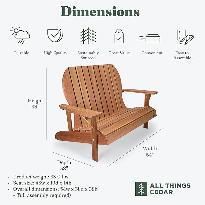 All Things Cedar 54” Wooden Adirondack Loveseat Chair, Outdoor Patio Seating, Natural