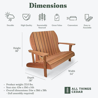 All Things Cedar 54” Wooden Adirondack Loveseat Chair, Outdoor Patio Seating, Natural