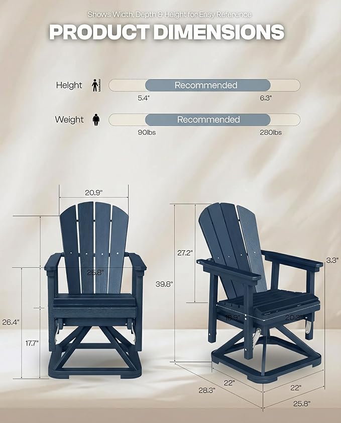 HDPE Swivel Glider Chair Outdoor, Weather Resistant Adirondack Outside Rocking Chair, Wooden Textured Outdoor Swivel Chair Set of 4 for Porch, Balcony, Poolside, Backyard (Navy Blue)