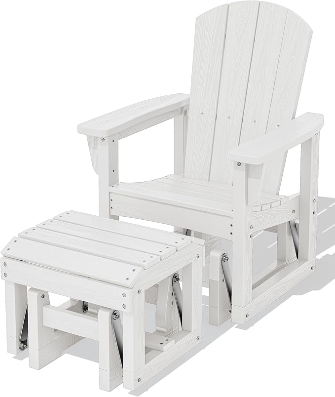 SERWALL Outdoor Glider Chair with Ottoman, HDPE Wood-Like Patio Glider Set All-Weather Porch Glider for Outside, White - Photo 1