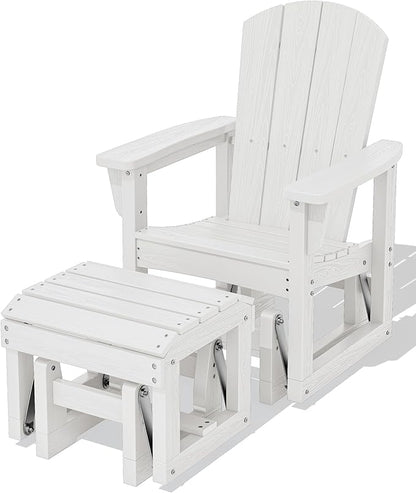 SERWALL Outdoor Glider Chair with Ottoman, HDPE Wood-Like Patio Glider Set All-Weather Porch Glider for Outside, White