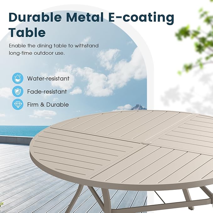 Patio Dining Table for 6, Round Metal Outdoor Table with Storage Shelf, 1.57" Umbrella Hole, 50" Outdoor Quartered Tabletop Dining Table for Backyard, Porch, Lawn, Sand