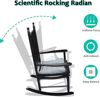 HomVent Wood Rocking Chair, 280 Lbs Heavy Duty Rocking Rocker Chair, Backyard and Patio Porch Rocker with Wide Seat and Armrest for Outdoor& Indoor Use, Cushion not Include (Black)