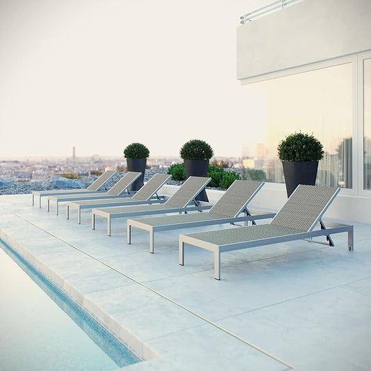Modway Shore Aluminum Wicker Rattan Outdoor Patio Six Poolside Chaise Lounge Chairs in Silver Gray